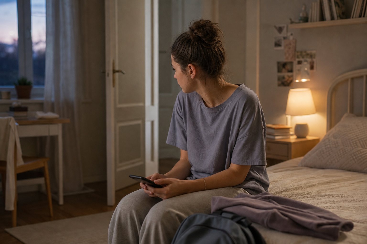 A teenage girl sits on the edge of her bed in the evening looking at the phone in her hands