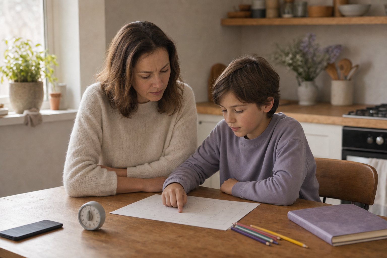 Parents and a child looking at a clock together while discussing screen time