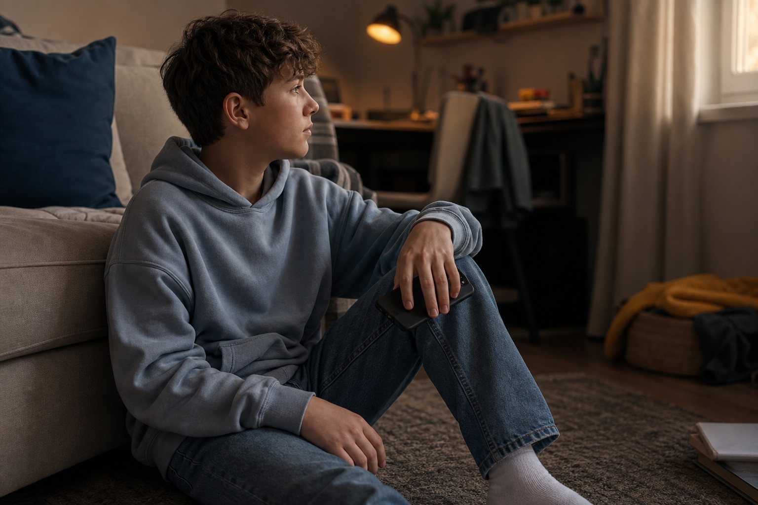 A teenage boy sits on the floor by a sofa holding a phone and looking towards the window