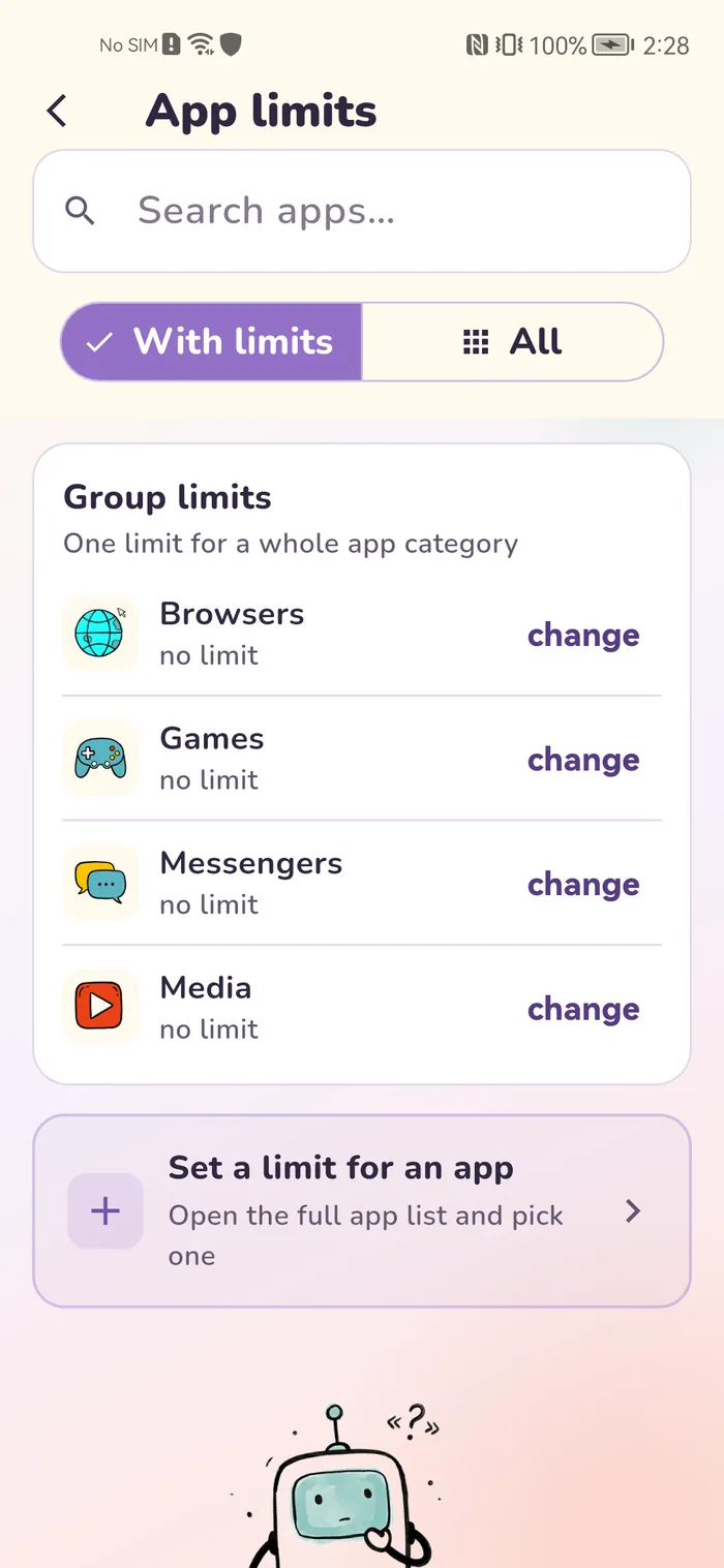 App limits screen: each app carries its own daily limit in minutes