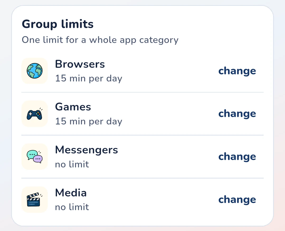 Group limits card in the Gardion parent app: Browsers, Games, Messengers and Media, with 15 minutes set for Browsers and Games and no limit on Messengers or Media