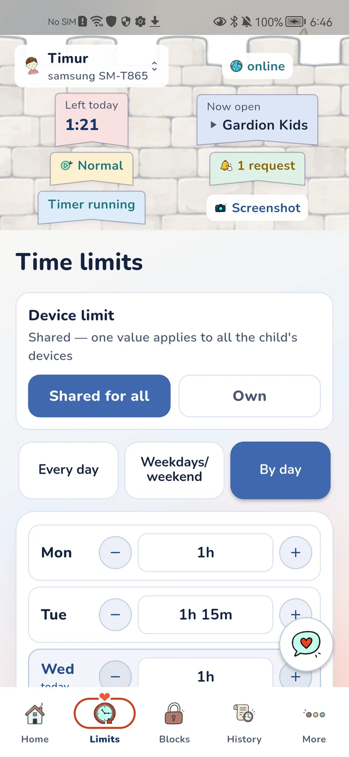 Limits screen in the Gardion parent app: each weekday has its own number of minutes
