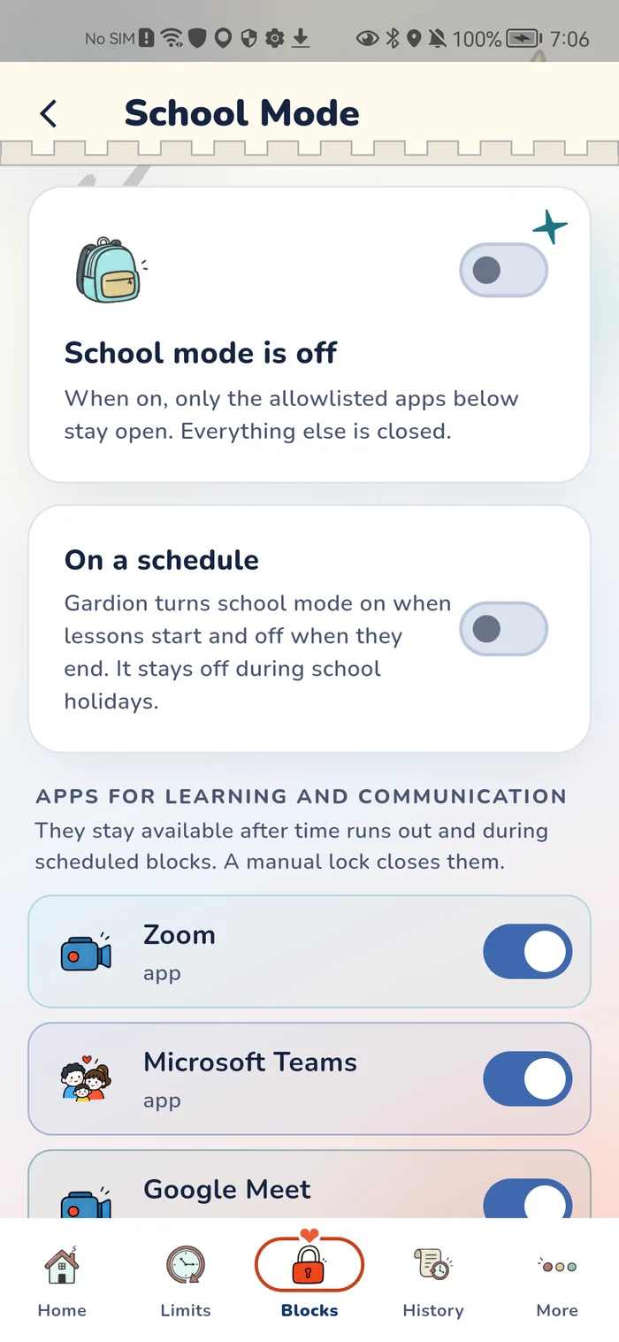 The School Mode screen in the Gardion parent app listing the study and communication apps that stay available