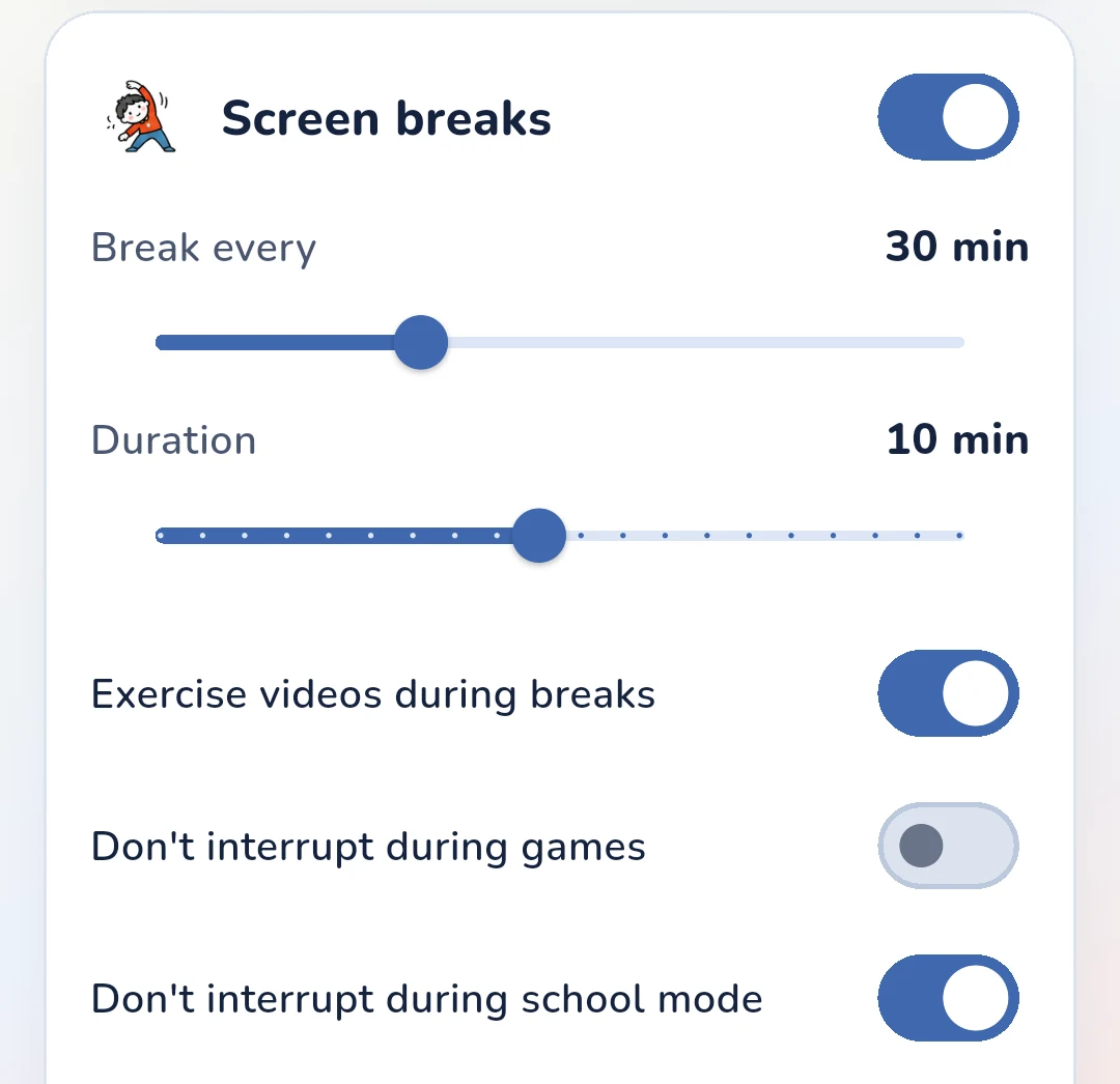 Screen breaks settings in the Gardion parent app: break every 30 minutes, 10-minute duration, exercise videos during breaks, and toggles for Don't interrupt during games and Don't interrupt during school mode