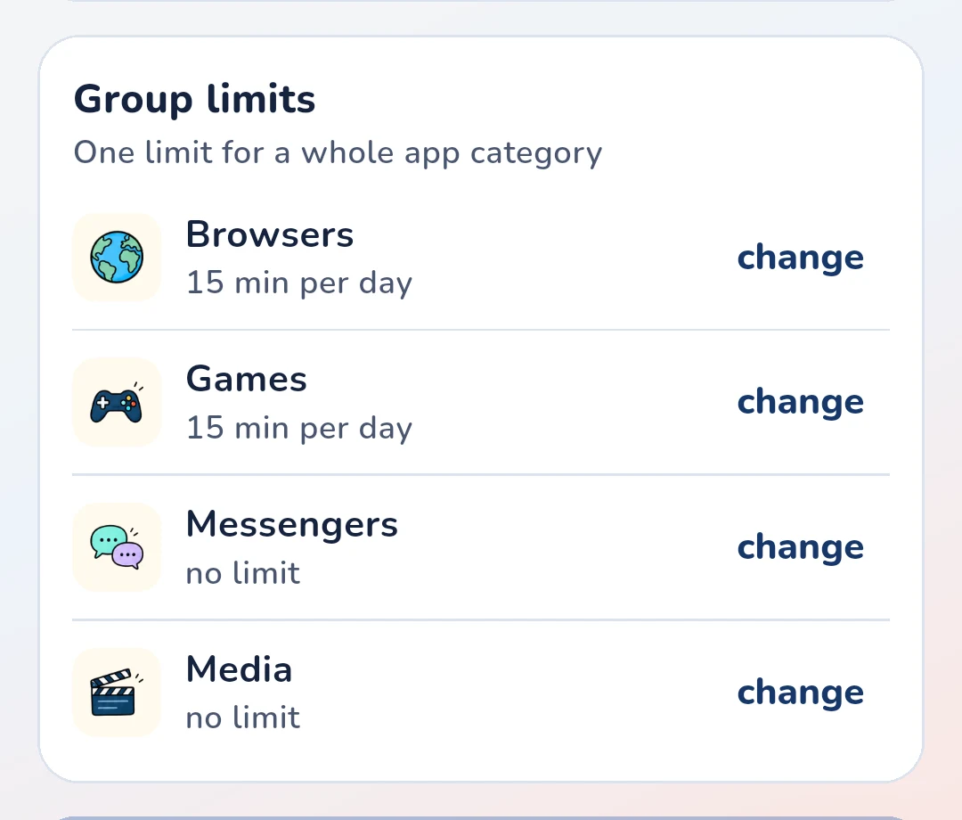 Group limits card in the Gardion parent app: Browsers and Games set to 15 min per day, Messengers and Media with no limit, and a change button on each row