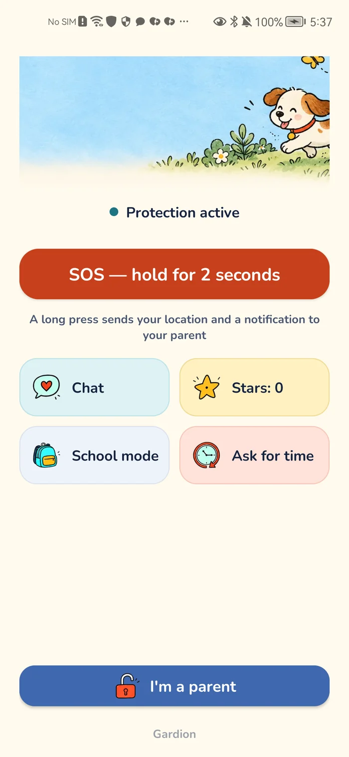 The main Gardion Kids screen on the child’s phone
