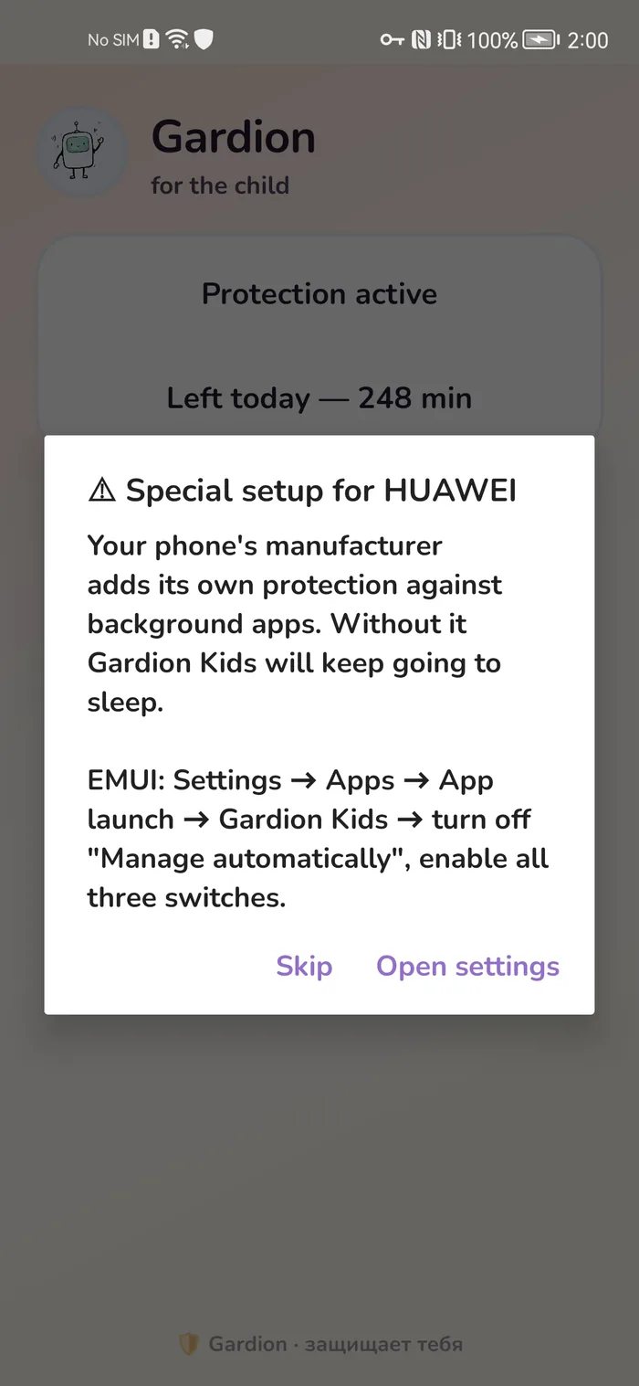 Gardion Kids screen explaining where to allow autostart on Honor