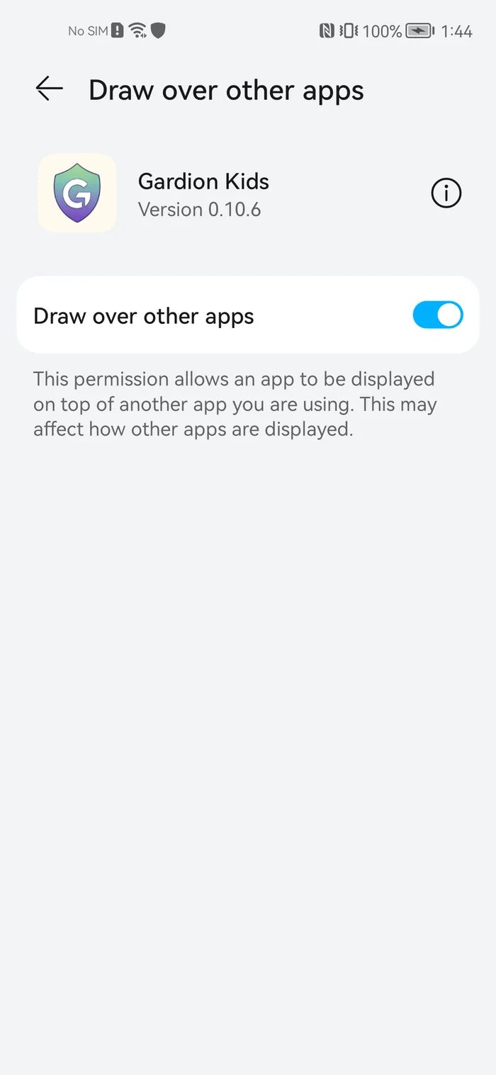 System switch for display over other apps turned on