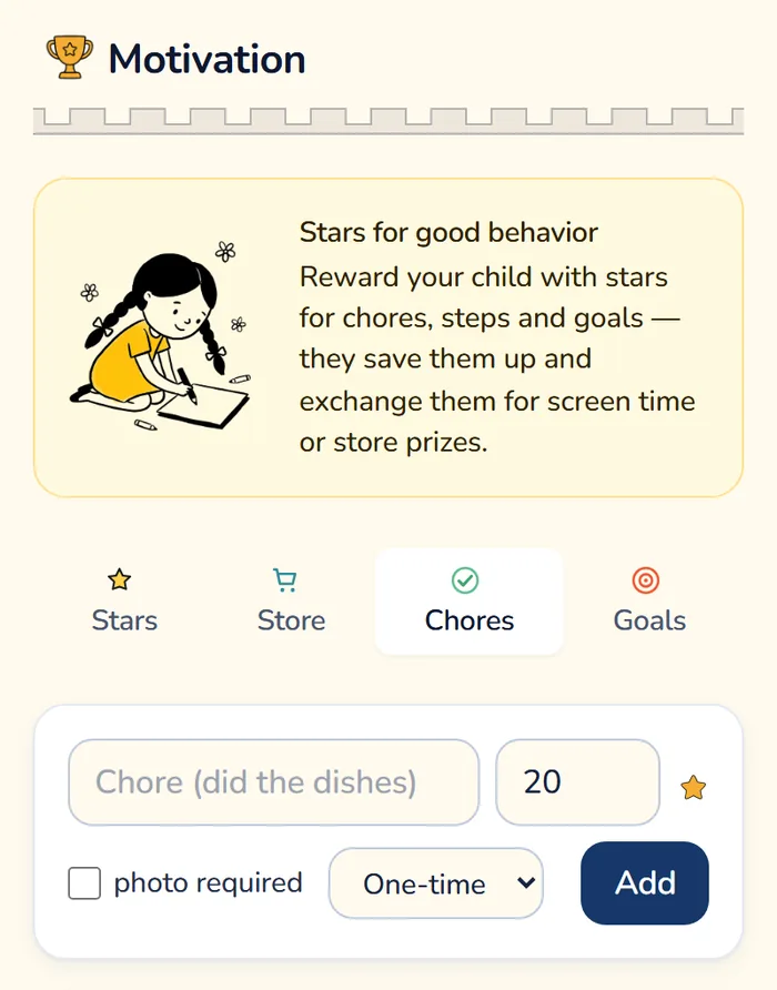 The Chores tab under Motivation in the Gardion parent dashboard: a chore name field, 20 stars, a Photo required box, a One-time dropdown and an Add button.
