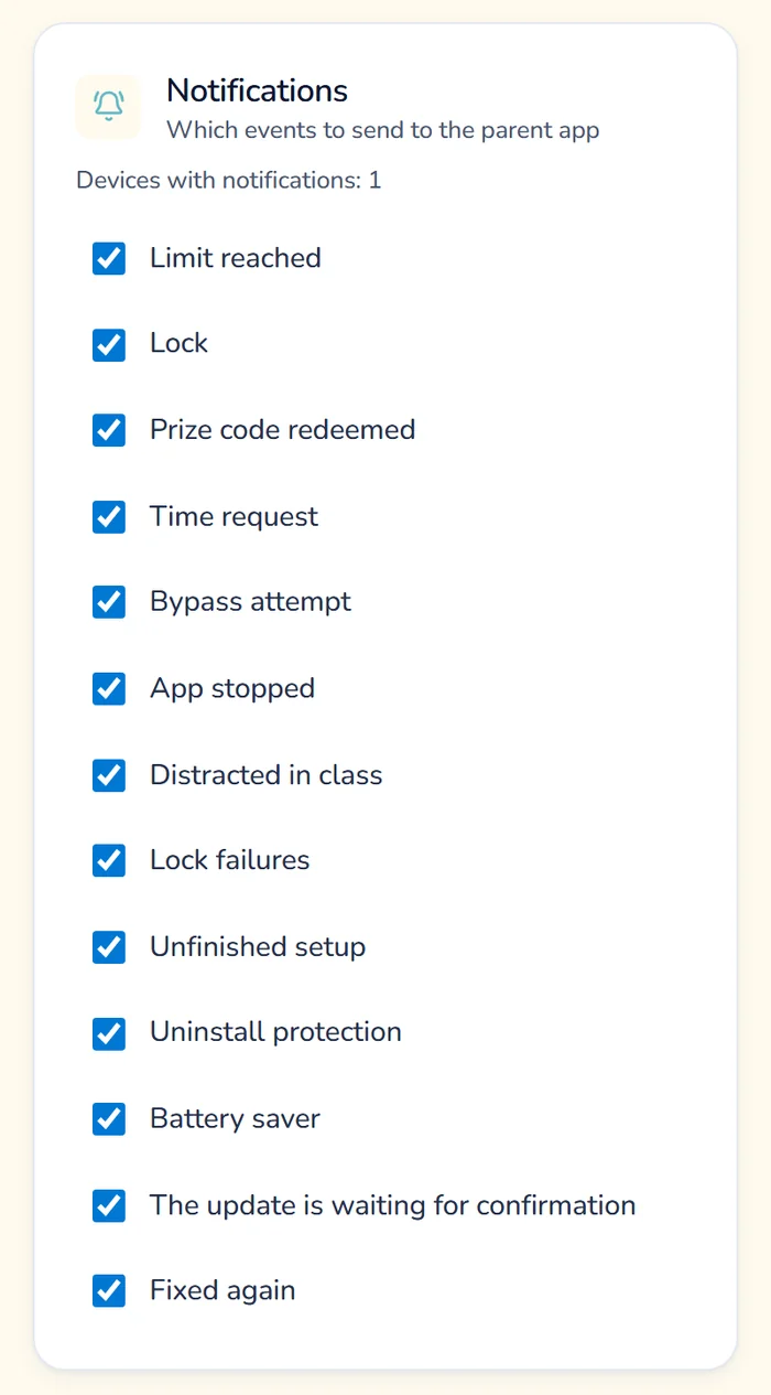 The Notifications card in the Gardion parent dashboard settings, with Limit reached, Bypass attempt, App stopped, Unfinished setup and Uninstall protection checked.