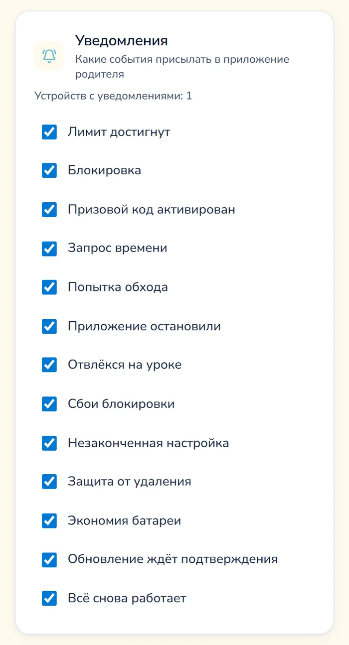 Карточка «Уведомления» в настройках панели родителя Gardion: отмечены пункты «Лимит достигнут», «Попытка обхода», «Приложение остановили», «Незаконченная настройка» и «Защита от удаления».
