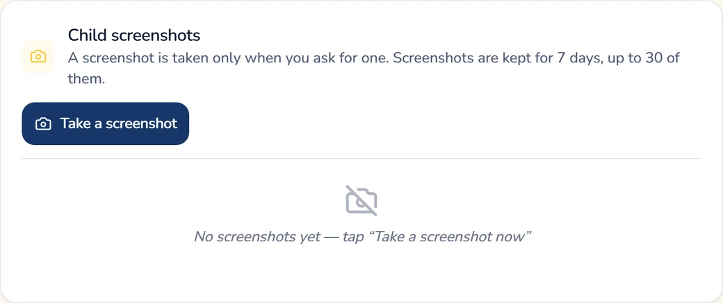 The Child screenshots section of the Gardion parent dashboard: the "Take a screenshot" button and a note that there are no screenshots yet.