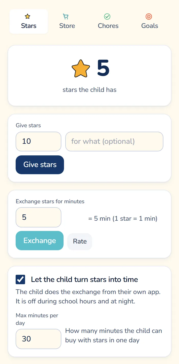 The Stars tab in the Gardion parent dashboard: the child's star balance, a Give stars box, the stars-for-minutes exchange at one star per minute, and the Let the child turn stars into time box with a cap of 30 minutes a day.