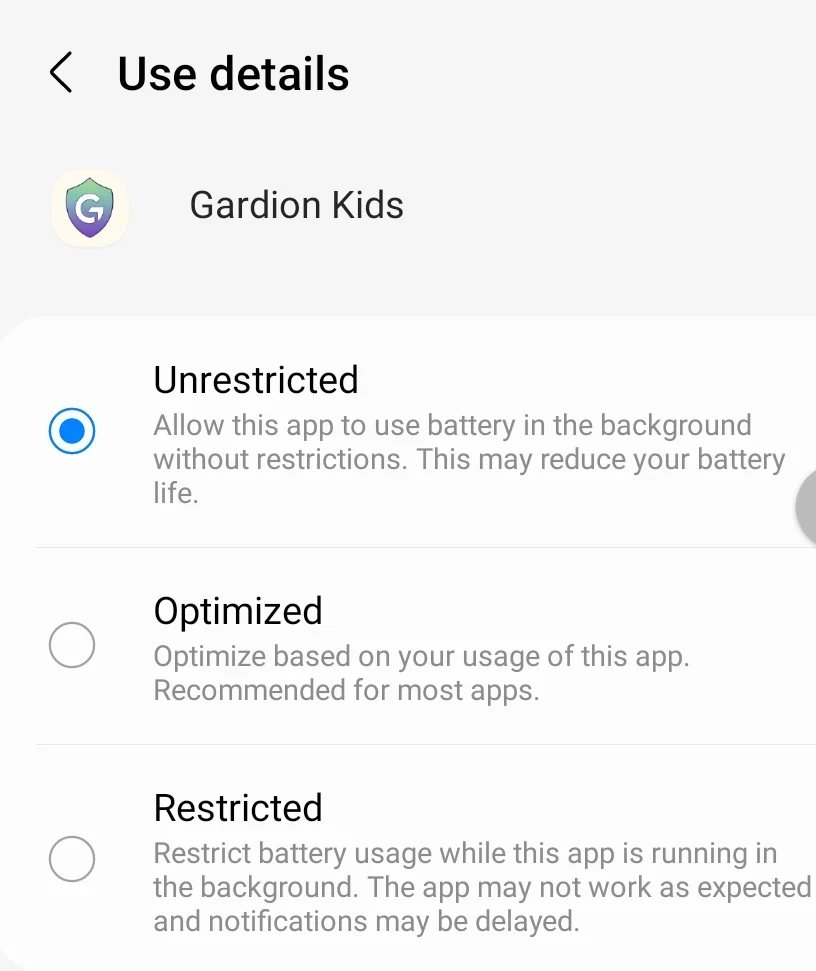 Samsung app battery screen with Unrestricted, Optimised and Restricted modes