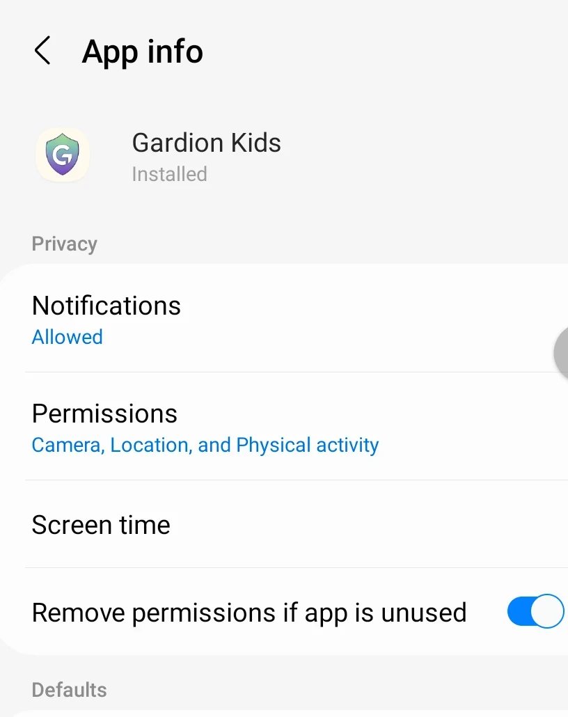 Samsung app info screen with the “Remove permissions if app is unused” switch enabled