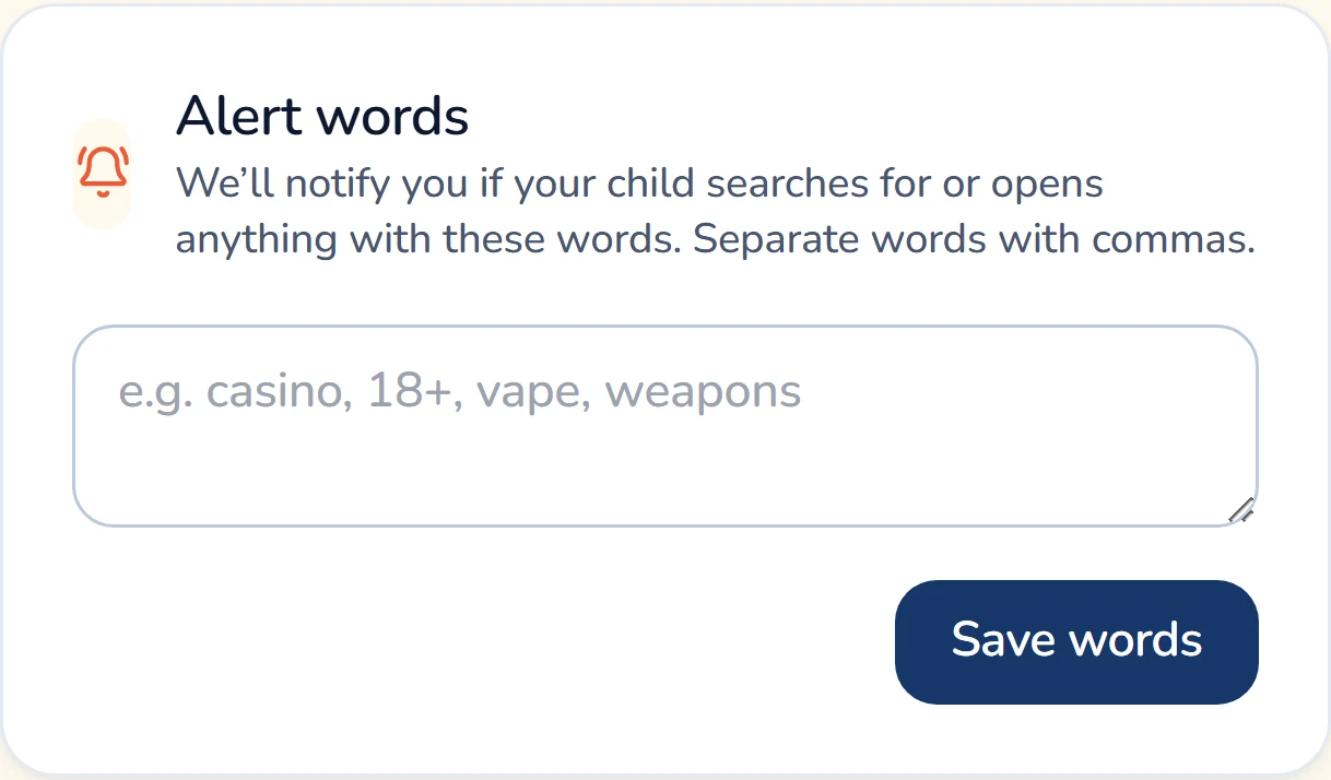The Alert words card in the Gardion dashboard: an empty field with the hint "e.g. casino, 18+, vape, weapons" and a Save words button