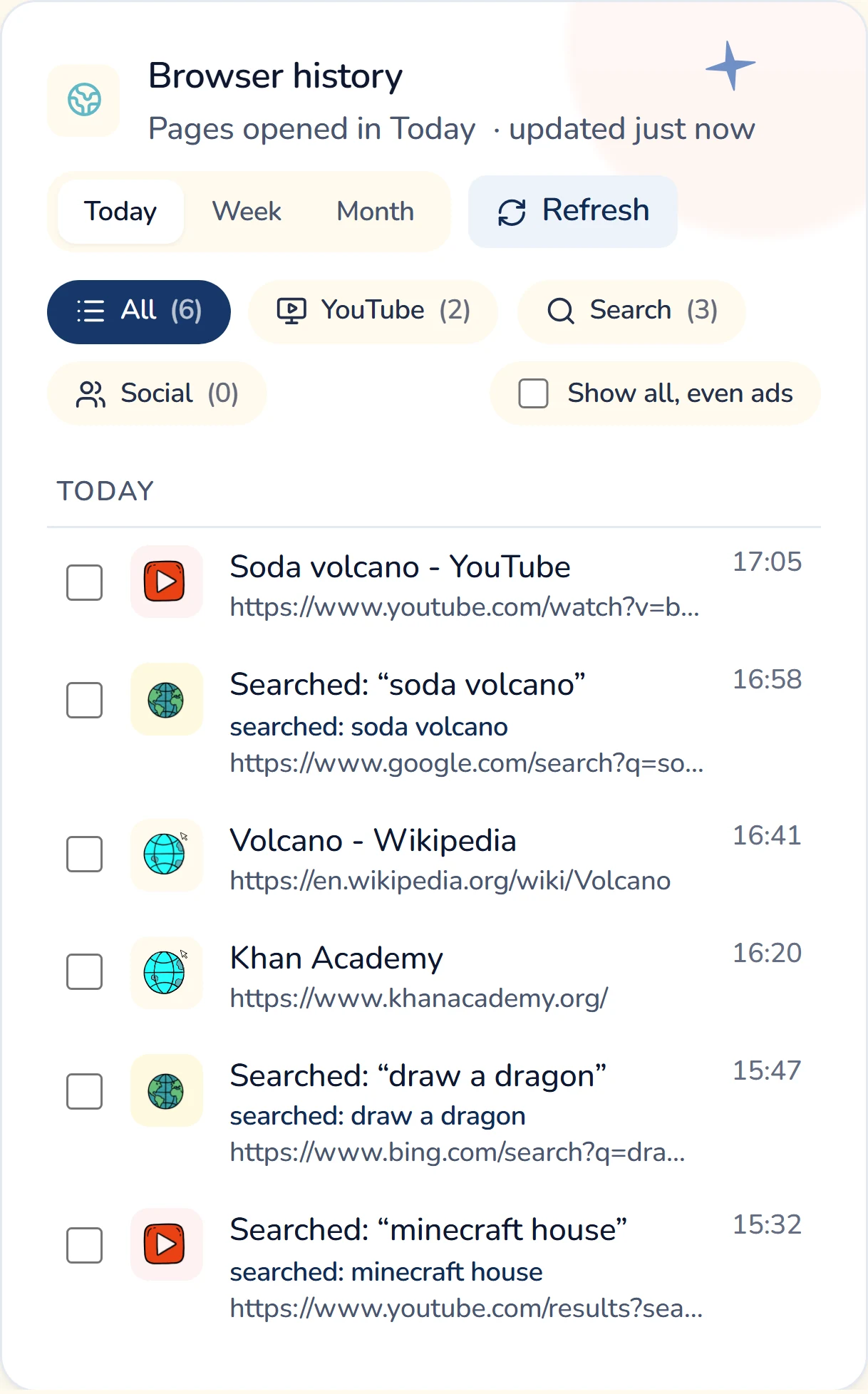 The Browser history card in the Gardion dashboard: today's entries with times, search queries on their own "searched:" line, and the All, YouTube, Search and Social tabs